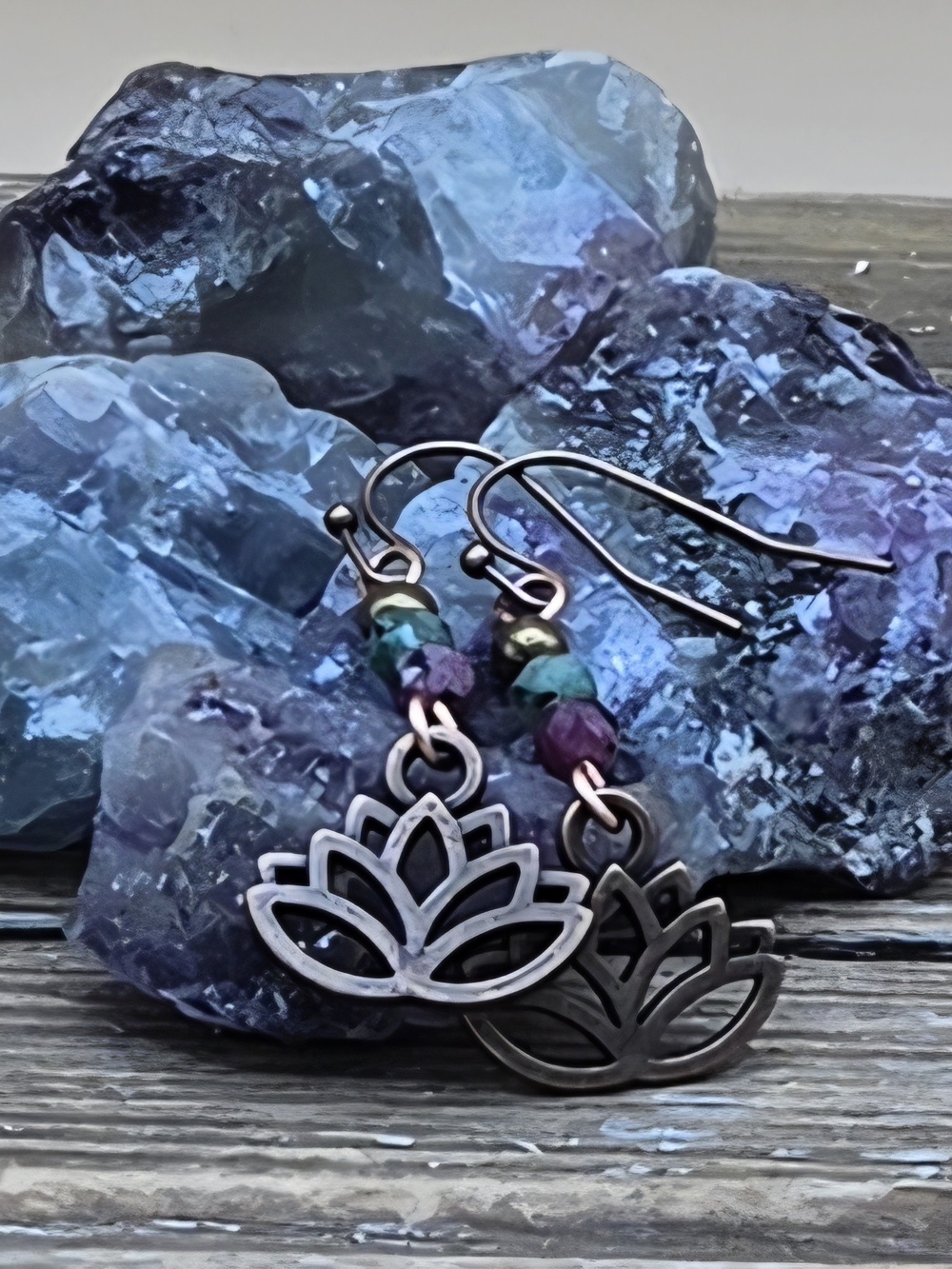 Faceted Ruby Zoite, Bronze and Copper Lotus Earrings